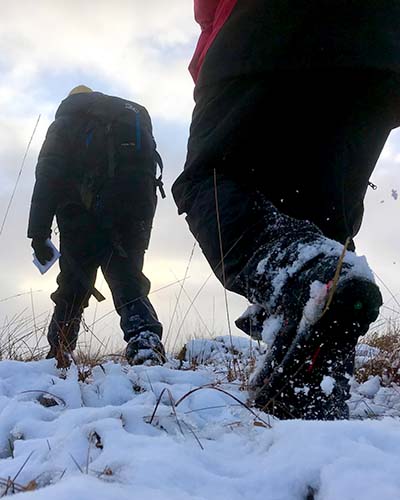 Hiking boots in the snow