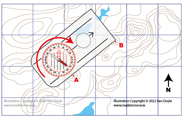 How to take a compass bearing from a map. What is a bearing. Step 02